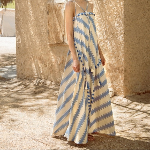 Dodo Bar Or Pedro Blue and Cream Spaghetti Strap Maxi Sundress Size S - Picture 1 of 10